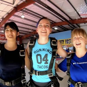 Pathfinders who work together go skydiving together. From L to R: Anjali Kavthekar (QA), Kris Samuel (Design), Alyssa Stetson (Design).